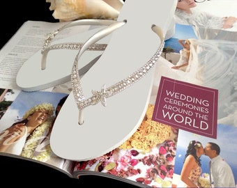 Silver Starfish Crystal Flip Flops: Handmade Bling Beach Wedding Slim Sandals