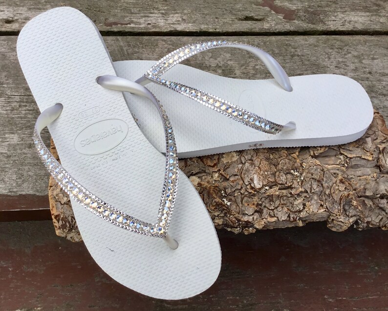 White Havaianas Slim Crystal Wedding flip flops Silver ocean | Etsy