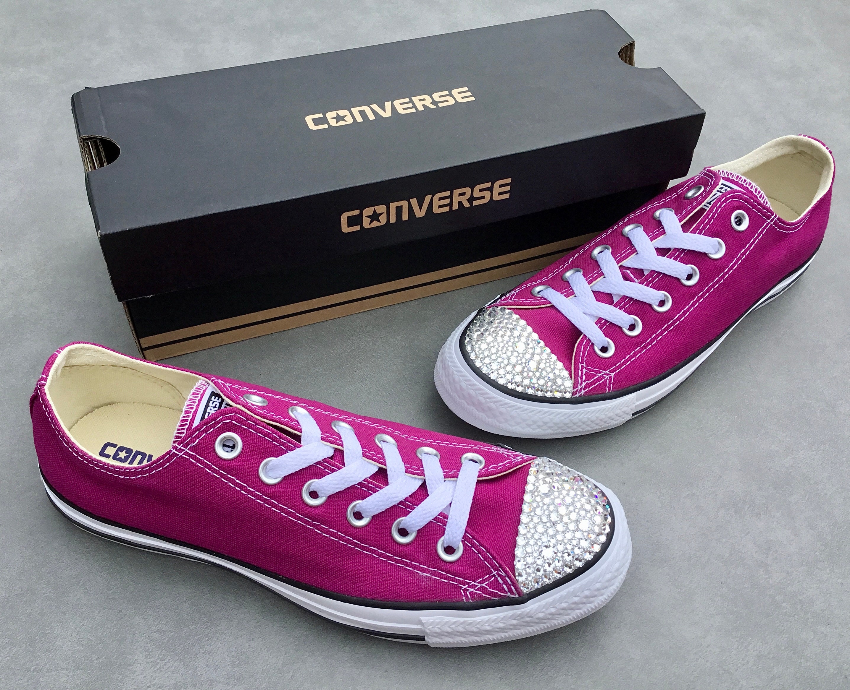 Pink Low Top Raspberry Fuchsia w/ Swarovski Crystal Wedding Chuck Taylor Bride All Star Bridal Sneaker Shoe