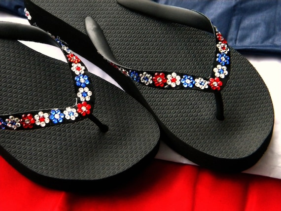 High Heels Crystal Flowers Floral Black Flip Flops //w Swarovoski Crystals