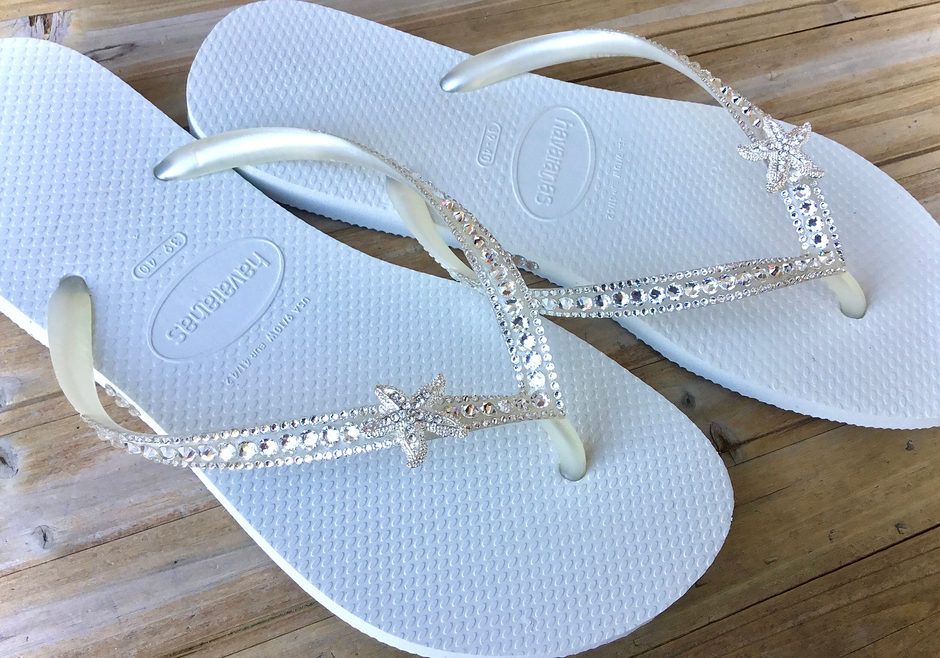 Custom Crystal Havaianas Slim White flip flops Silver starfish | Etsy