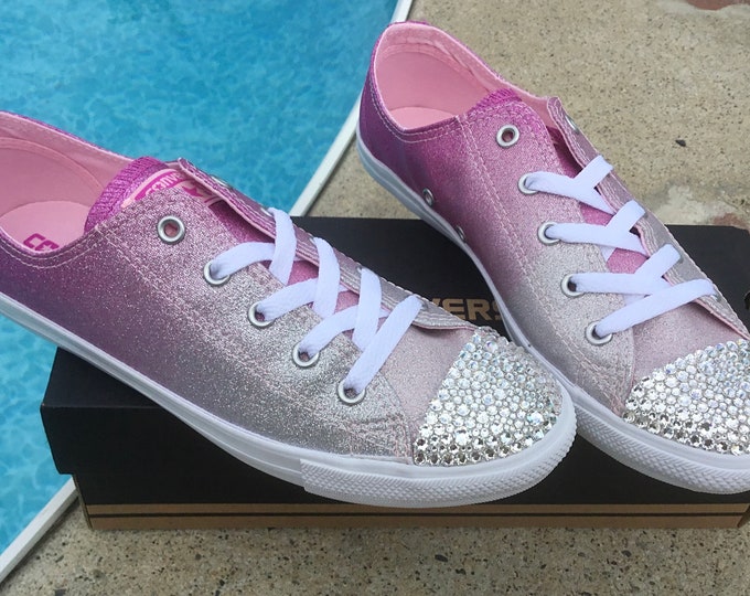 Pink Converse Dainty Ombré low top Slip on Glitter Magenta Chuck Taylor Custom w/ Swarovski Crystal All Star Wedding Bride Sneaker Shoe