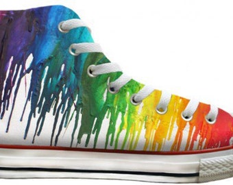 Custom Print Rainbow Crayon Drip Pride Parade LGTBQ High Top Basketball Chucks w/ Swarovski Crystal Rhinestone Wedding Sneakers Shoes