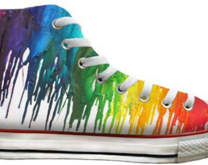 Custom Print Rainbow Crayon Drip Pride Parade LGTBQ High Top Basketball Chucks w/ Swarovski Crystal Rhinestone Wedding Sneakers Shoes