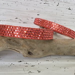 Puede incluir: Dos collares de perro de color coral con pedrer&iacute;a, uno m&aacute;s grande que el otro, est&aacute;n sobre un trozo de madera flotante.