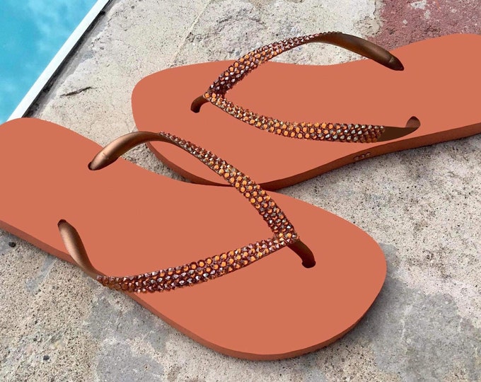 Crystal Flip Flops Copper Orange Rust Slim narrow flat Brazil Bling sandals Glass Slippers Handmade Custom Jewel Beach Thong Rhinestone Shoe