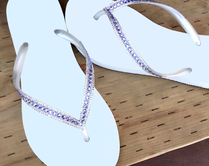 Fancy Crystal Flip Flops Lavender Purple White Slim flat Brazil Bling sandals Glass Slippers Handmade Jeweled Rhinestone Beach Wedding Shoes