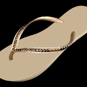 Tan Crystal Flip Flops Brazil Slim flat Personalize Bling sandal Glass Slippers Handmade Jewel Thong Gold Rhinestone Summer Beach Bride Shoe