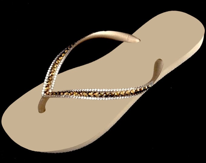 Tan Crystal Flip Flops Brazil Slim flat Personalize Bling sandal Glass Slippers Handmade Jewel Thong Gold Rhinestone Summer Beach Bride Shoe