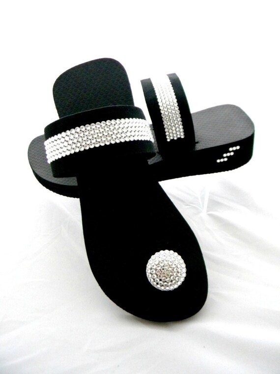 Black Low Heel Strap Crystal Button Wedge Flip Flops Custom