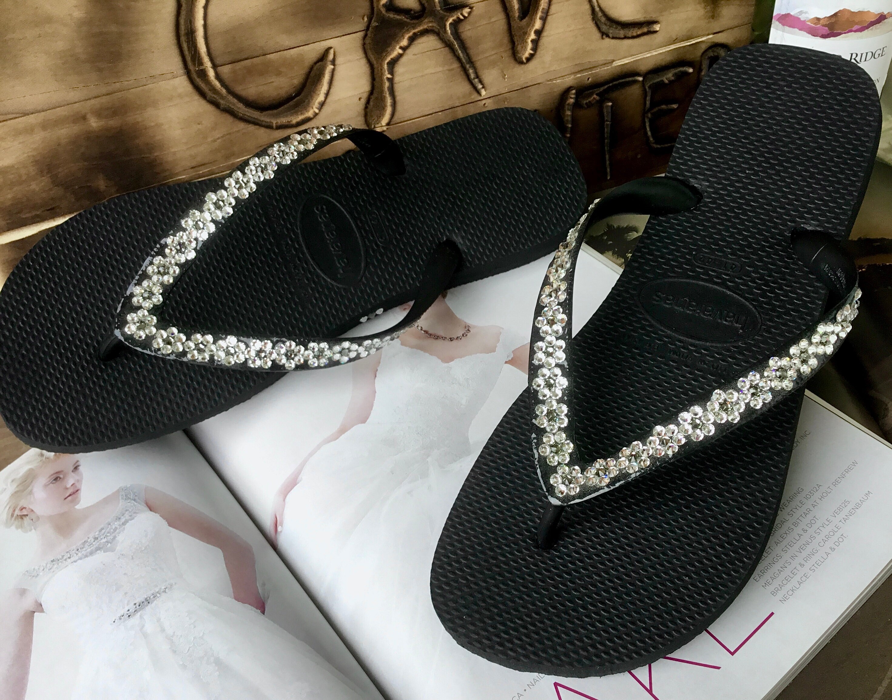 Flower Flip Flops Crystal Rhinestone flat or 1.5 Wedge Heel Etsy