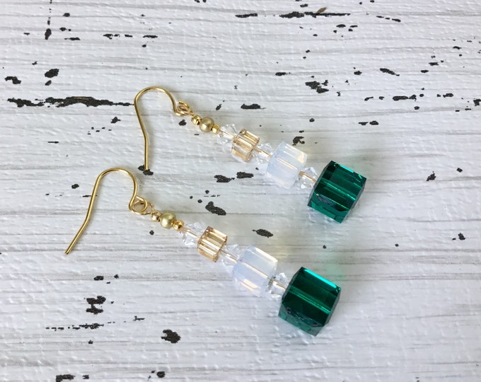 Gift Box Earrings Swarovski Crystal Green Emerald Opal Cube Stack Gold Drop French Hook Hypo Titanium Jewel Bead Christmas Holiday Jewelry