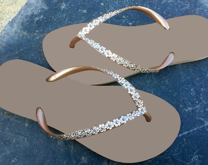 Crystal Flip Flops Rose Gold Daisy Flower Slim strap flat Brazil Bling sandals Glass Slippers Custom Handmade Jewelry Thong Rhinestone Shoes