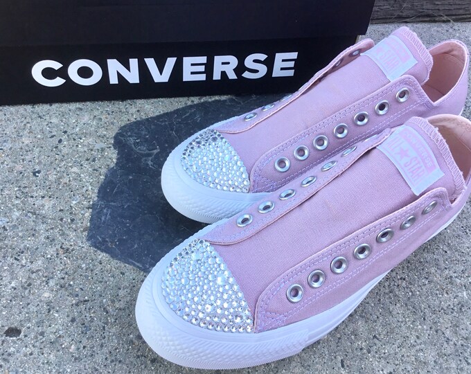 Plum Pink Slip on Converse Coral Blush Laceless Kicks w/ Swarovski Crystal Rhinestone Wedding Reception Chuck Taylor Bride Sneakers Shoes