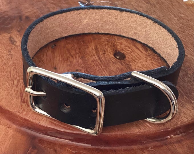 Hand Crafted Black Leather Pet Collar Dog Cat 9-10" x 3/4" leash attachment adjustable