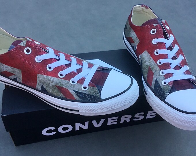 UK Ladies Mens British Flag Union Jack Custom Print Chucks Distressed Low Top Kicks w/ Swarovski Crystal Rhinestone Bling Sneakers Shoes