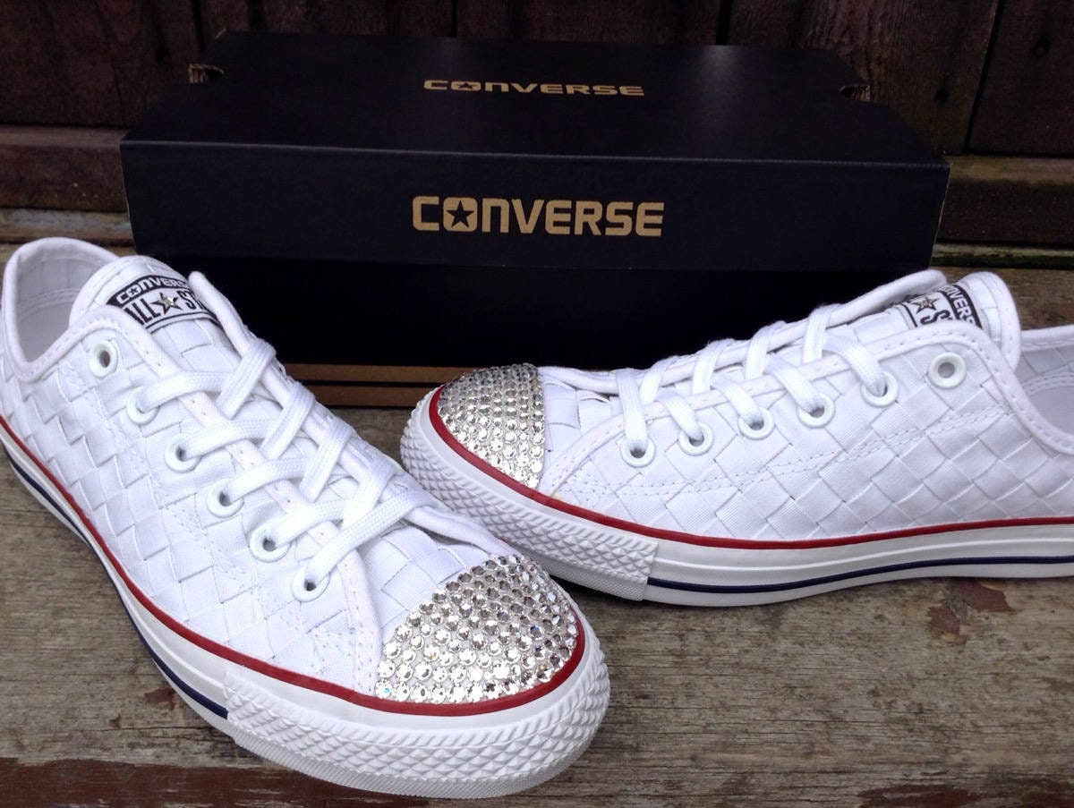 White Wedding Converse W US 8 Woven Basket Weave Crochet Knit w/ Swarovski  Crystal Chuck Taylor Bling All Star Bridal Wedding Sneakers Shoes