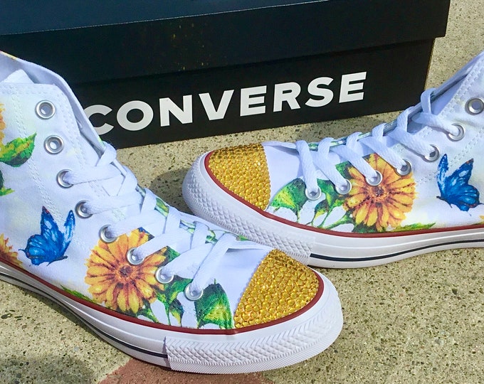 Sunflower High Top Chucks White Yellow Butterfly Floral Wedding Custom Print Lori Diamond w/ Swarovski Crystal Rhinestone Sneakers Shoes