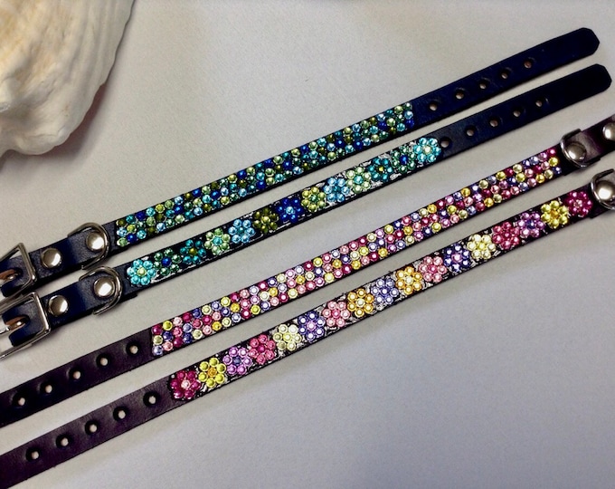 Custom Pet Collar Crystal Rainbow Multicolor Mix Leather 8-21" Dog Cat Breakaway w/ Swarovski Rhinestone Jewels Bling Animal Jewelry Gift