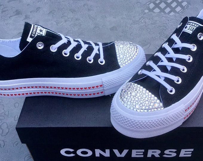 Black 1.5” Platform Heart Custom Converse Lift W 6.5 Low Club w/ Swarovski Crystal Chuck Taylor All Star Wedding Bridal Kicks Sneakers Shoes