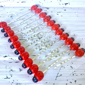 Op de afbeelding: Een set van 14 zilveren haarspeldjes met rode lieveheersbeestjesversieringen. De lieveheersbeestjes hebben zwarte stippen en zijn in een rij gerangschikt.