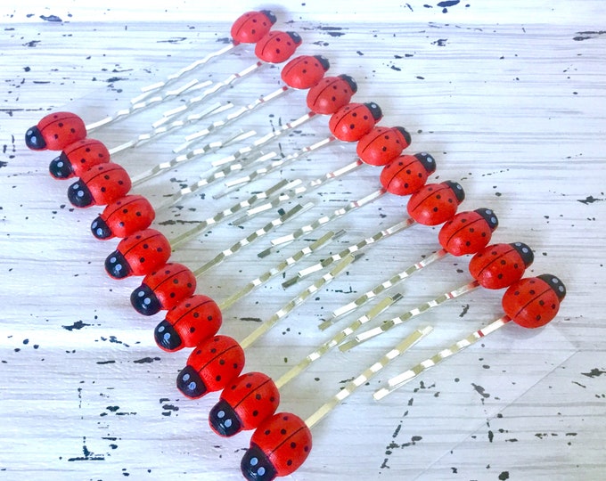 Single Red LadyBug Bobby Pin long Hair Clip Barrette Silver Tone Summer Spring Flower Wood Garden Bride Comb Wedding Pageant Baby Kids Gifts