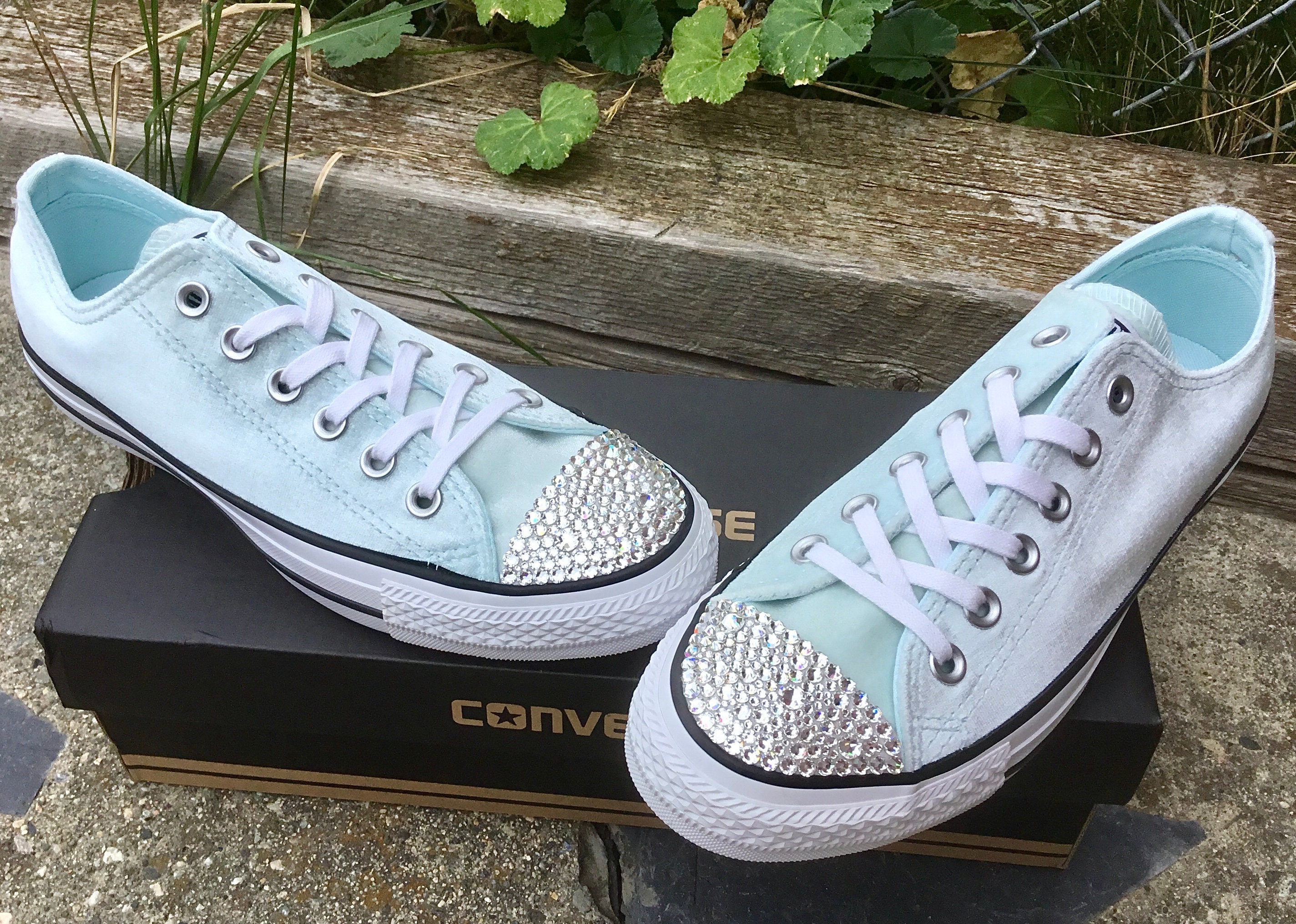 Melodieus Hoopvol Luxe Baby Blue Converse Crush Velvet Low Top Chuck Taylor Custom Bridal Kicks  Ice Sea Foam w/ Swarovski Crystal All Star Wedding Sneakers Shoes