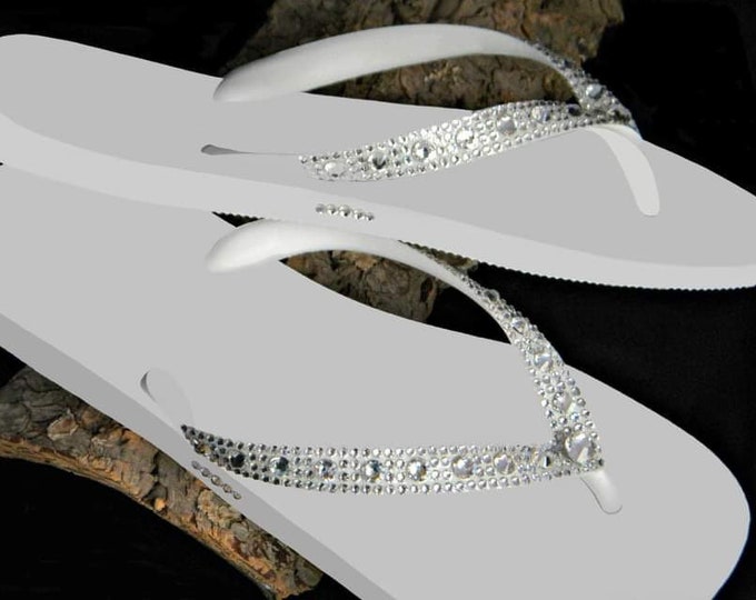 Crystal Flip Flops White Top wide flat Brazil Bling sandals Glass Slippers Full Moon Custom Jewel Beach Bride Thong Rhinestone Wedding Shoes