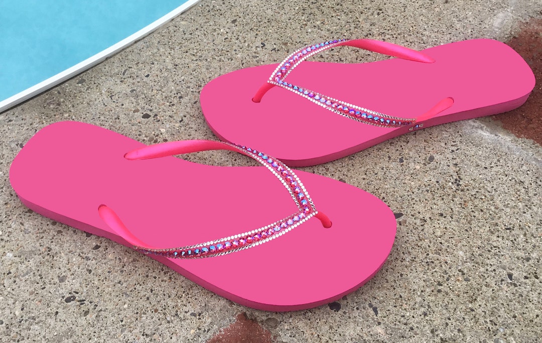 Crystal Flip Flops Hot Pink Slim Flat Brazil Bling Sandals Glass Slippers  Sophisticate Handmade Custom Jewel Thongs Rhinestone Wedding Shoes - Etsy UK