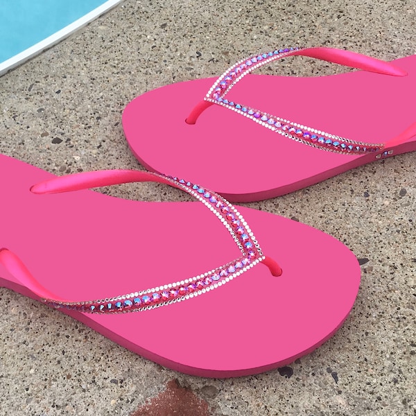 Crystal Flip Flops Hot Pink Slim flat Brazil Bling sandals Glass Slippers Sophisticate Handmade Custom Jewel Thongs Rhinestone Wedding Shoes