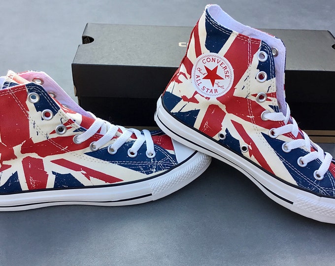 Converse Union Jack High Top Ladies Men Chili Pepper UK Flag British English w/ Swarovski Crystal Chuck Taylor All Star Sneaker Trainer Shoe