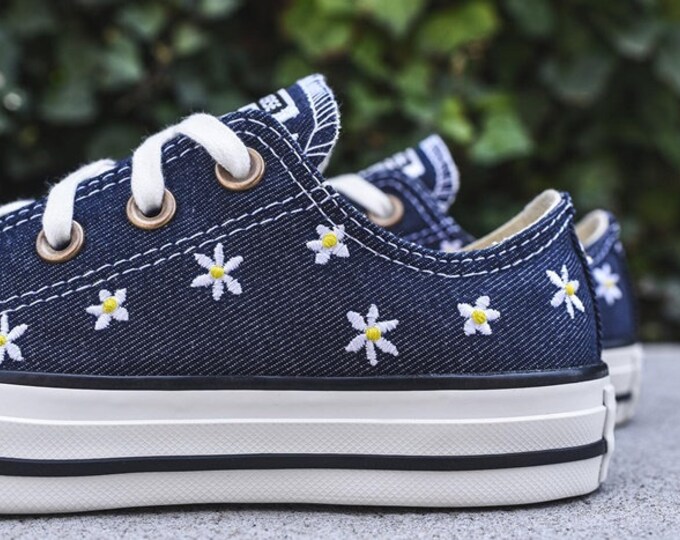 Navy Blue Converse W US 9.5 Jean Denim Wedding Daisy Floral Low Top w/ Swarovski Crystal Rhinestone  Chuck Taylor All Star Sneakers Shoes