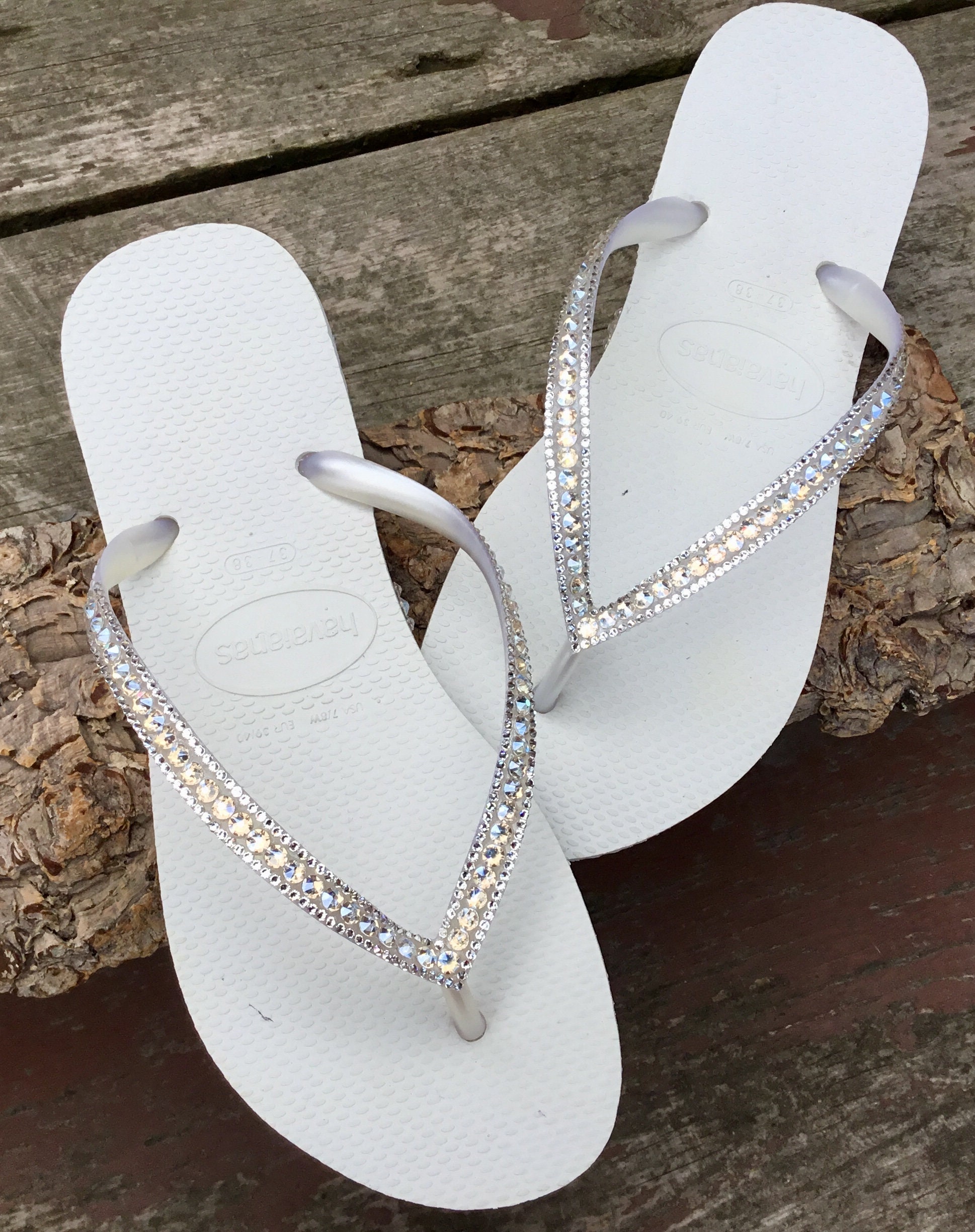 White Havaianas Slim Crystal Wedding flip flops Silver ocean | Etsy