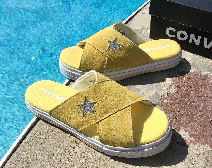 Butter Yellow Converse White One Star Slide slip on Beach Flip Flops Slippers Custom Crystal w/ Swarovski Wedding Vacation Reception Shoes