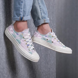 Floral Knit Converse 70s W US 8 Low White Ivory Embroidery Palm w/ Swarovski Crystal Rhinestone Chuck Taylor All Star Wedding Sneakers Shoes