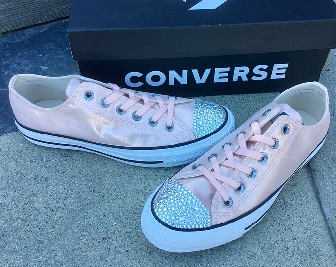 Light Pink Peach Satin Converse Blush Rose Glitter Low Custom Bride Sneakers w/ Swarovski Crystal Rhinestone Jewels Bridal Wedding Shoes