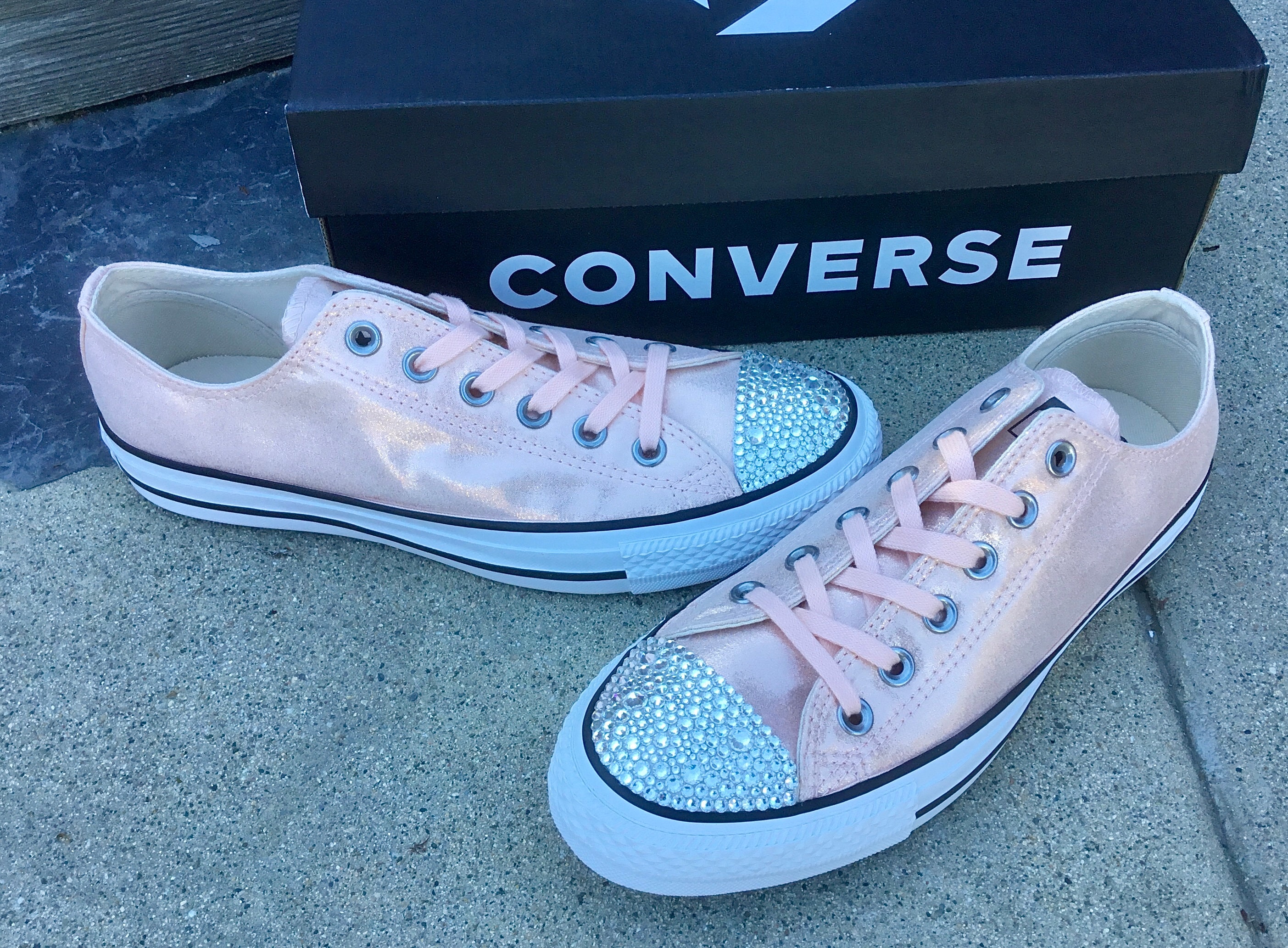 Light Pink Peach Satin Converse Blush Rose Glitter Low Bride Sneakers w/ Swarovski Crystal Rhinestone Jewels Bridal Wedding Shoes