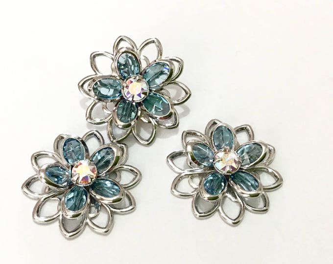 15mm Ice Blue AB Flower Earrings Swarovski Silver Hypo Titanium Stainless Studs Filigree Light Azore AB Rhinestone Pierced Mothers Day Gifts