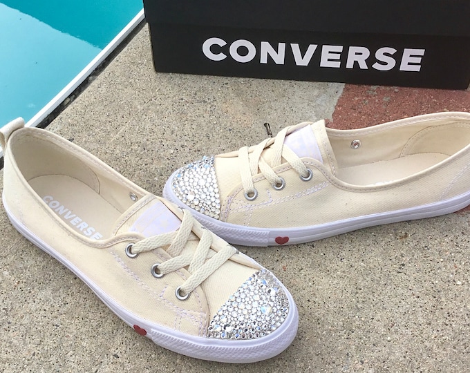 Off White Converse Low Ballet Lace Slip On Cream Gold Off Custom Bridal w/ Swarovski Crystal Chuck Taylor Wedding Dress Bling Sneakers Shoes