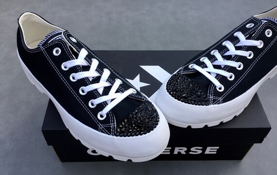 Black Platform Converse Lugged Low Top Boot Canvas Wedge Club Kicks w/ Swarovski Crystal Bling Rhinestone Chuck Taylor All Star Sneaker Shoe