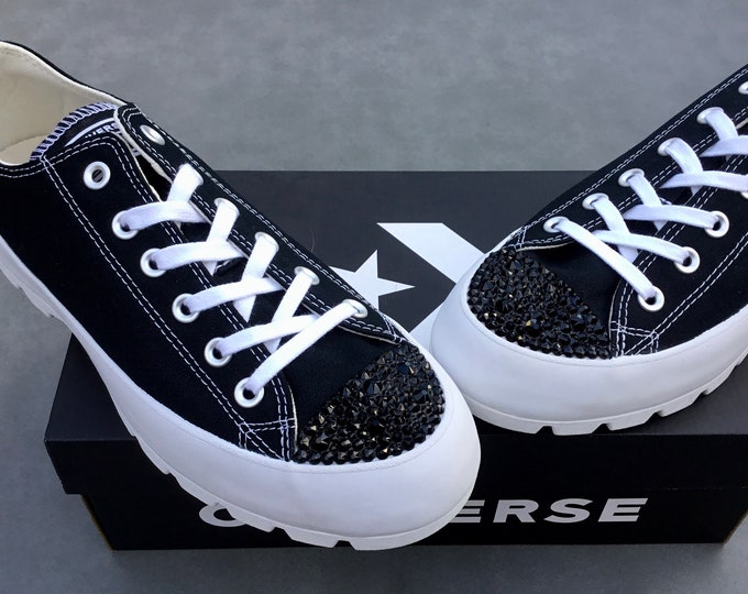 Black Platform Converse Lugged Low Top Boot Canvas Wedge Club Kicks w/ Swarovski Crystal Bling Rhinestone Chuck Taylor All Star Sneaker Shoe