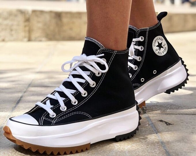 Crystal Converse Black Run Star Hike Boot Platform Wedge High Top Club Kicks w/ Swarovski Rhinestone Chuck Taylor All Star Sneakers Shoes