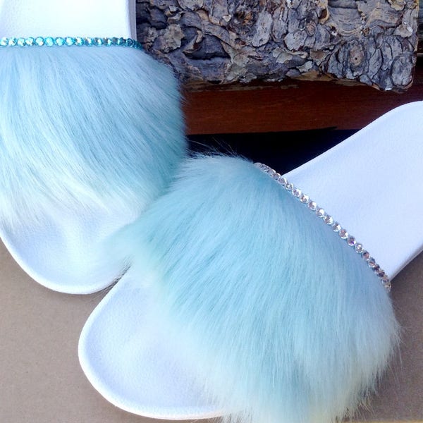 Custom Crystal UGG Slippers W US 8 Royale Blue Aqua or Pink White Toscana Fur Slide w/ Swarovski Rhinestone Wedding Flip Flops Slip On Shoes