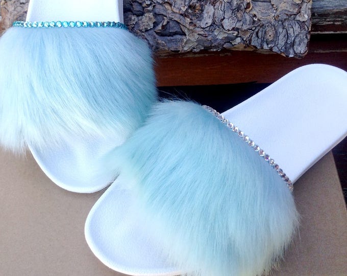 Custom Crystal UGG Slippers W US 8 Royale Blue Aqua or Pink White Toscana Fur Slide w/ Swarovski Rhinestone Wedding Flip Flops Slip On Shoes