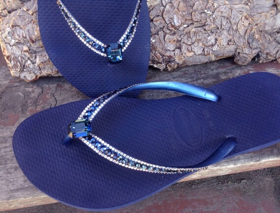 navy blue rhinestone flip flops