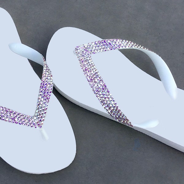 Custom Crystal AB Flip Flops wide strap Top flat Brazil Bling sandals Glass Slippers Jewel Thong Rhinestone Bridal White Beach Wedding Shoes