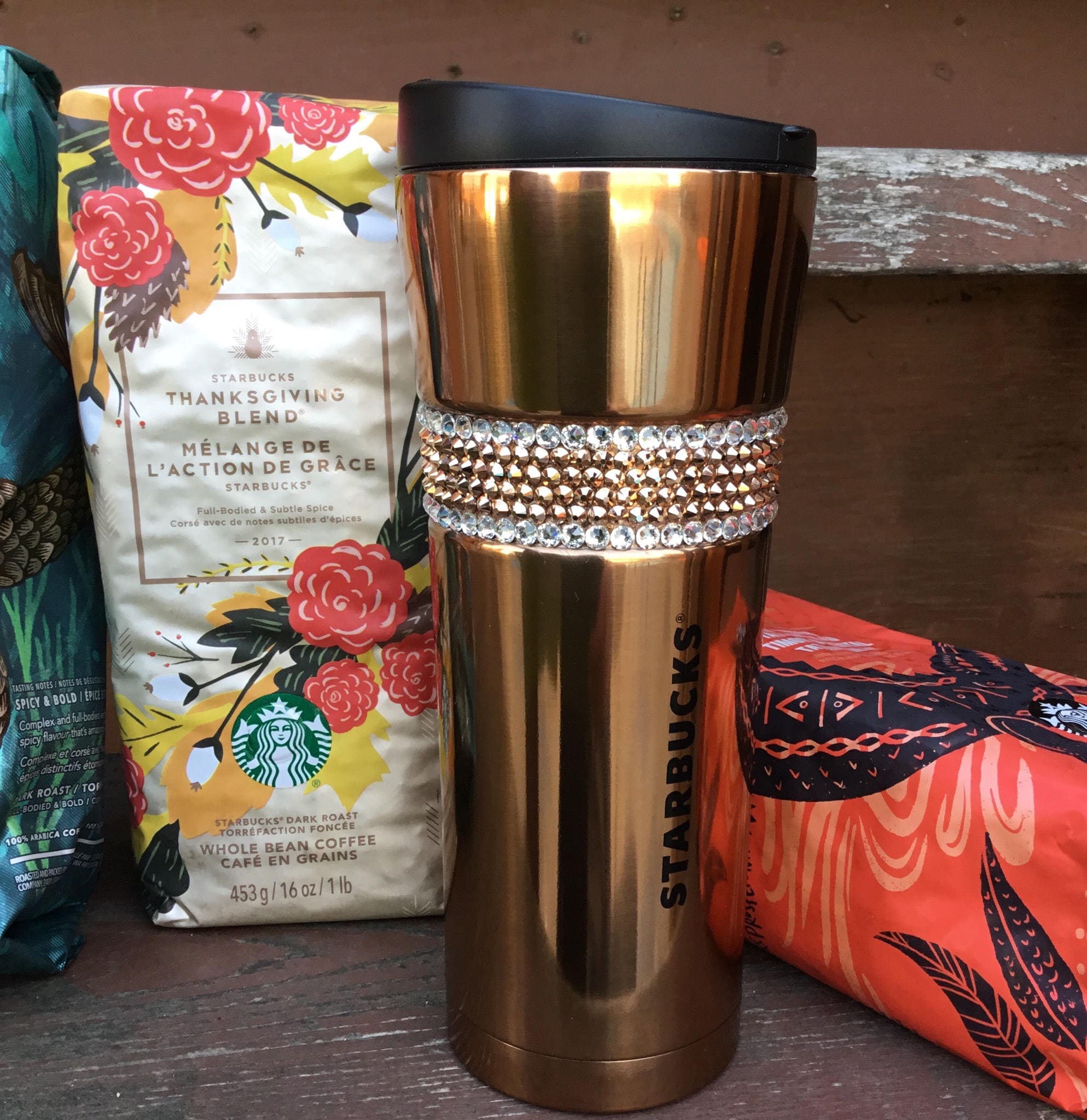 Stainless Starbucks Coffee Cup Tumbler W Swarovski Rose Gold Crystal