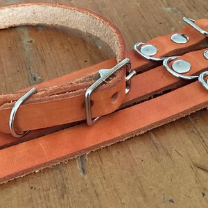 Puede incluir: Un juego de tres collares de perro de cuero marrón con hebillas y anillas en D de metal plateado. Los collares están superpuestos.