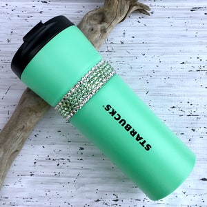 Starbucks Green Stainless Steel Cup Swag w/ Swarovski Mint Sea foam Crystal 16oz Grande Large Tumbler Travel Coffee Tea Cup Rhinestone Gifts