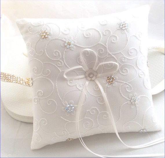 Wedding Ring Pillow Rings Bearer Ceremony w/ Custom Swarovski Crystal Rhinestone Flower Jewels White or Ivory Bridal Satin Ribbon Lace Gift